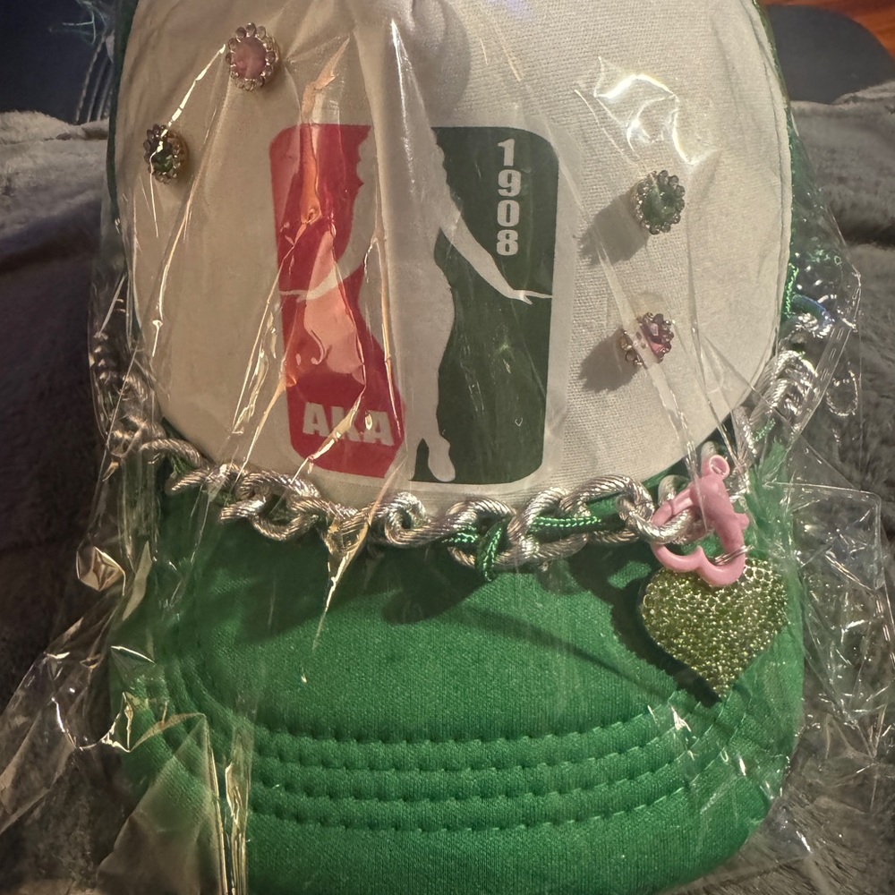 NBA Green and Pink Aka inspired trucker cap with a green rhinestone heart charm